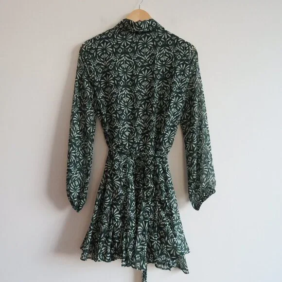 ZARA Sheer Leaf Print Belted Button Front Dress in Forest Green Boho - Size S - Picture 13 of 16
